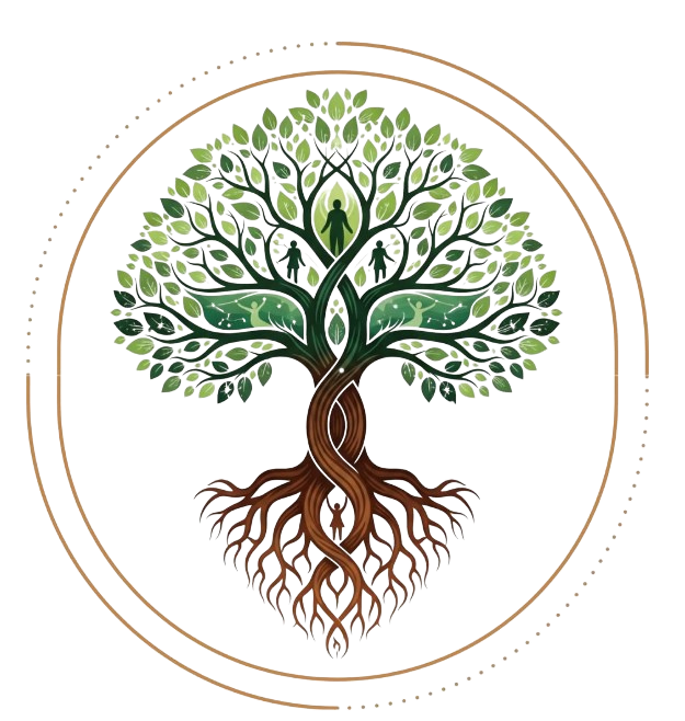 EN: Tree of life logo with human silhouettes integrated into the leaves and roots, symbolizing family lineage. ES: Logotipo del árbol de la vida con siluetas humanas integradas en las hojas y raíces, simbolizando el linaje familiar.